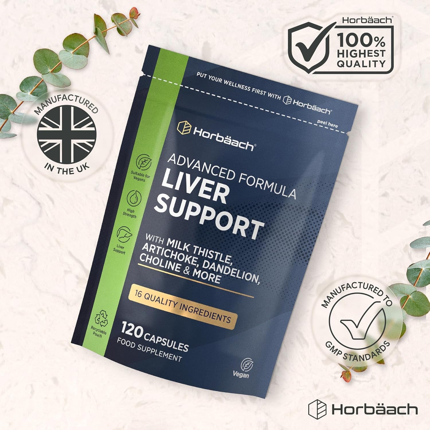 Liver Support Supplement | Milk Thistle Complex with Artichoke, Dandelion, Choline, Turmeric, Beetroot and More! | 16 Active Ingredients | Vegan Liver Health | 120 Capsules | by Horbaach
