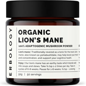 Erbology Organic Lion'S Mane Mushroom Powder 50 Servings - 32% Beta-Glucans - Calm and Focus - Hericium Erinaceus - Small Batch - Sustainably Grown in Europe - Vegan - Non-Gmo - No Added Fillers