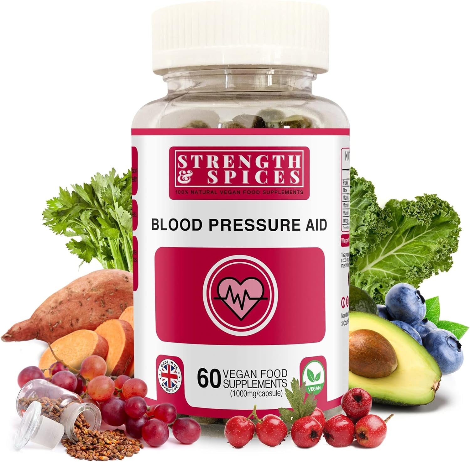 Strength & Spices Blood Pressure Aid, Immune System Booster Herbal Supplements, Blood Pressure Tablets with 15 Natural Ingredients Including Hawthorn Berry and Grape Seed, 1000 Mg, 60 Capsules