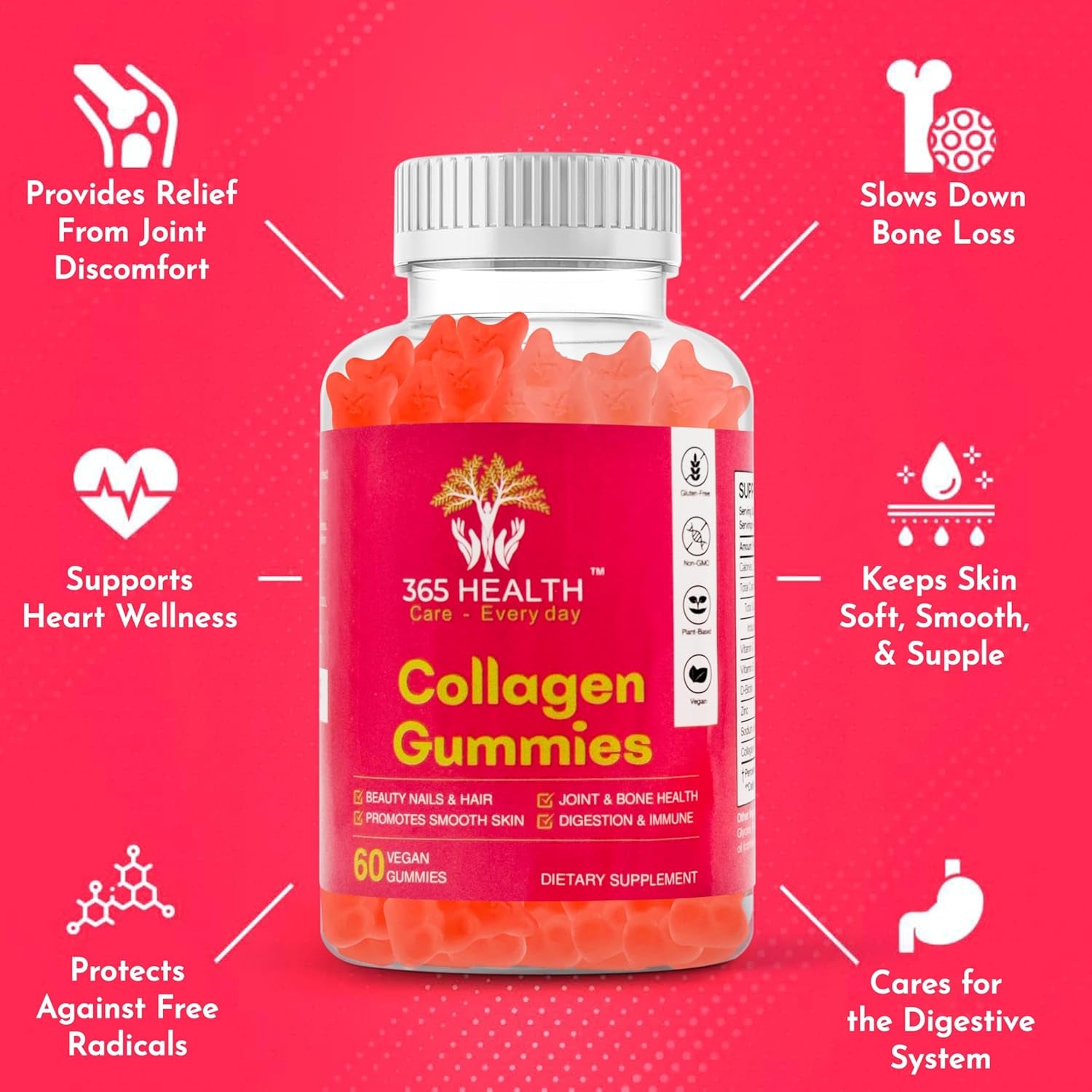 Brighter Eyes, Stronger Nails, Shiny Hair. 60X Vegan, Plant Based Collagen Gummies. Gluten Free. Delicious Strawberry Flavour. Contains Biotin + Vitamin C.