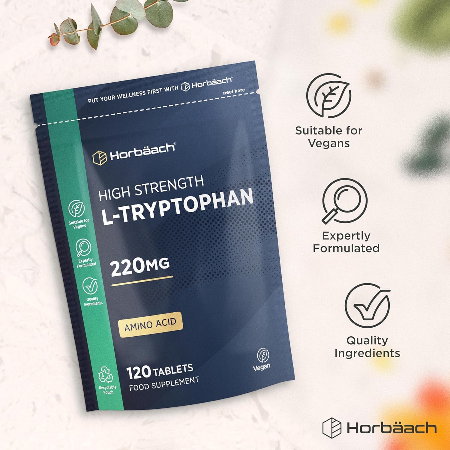 L-Tryptophan 220Mg | 120 Vegan Tablets | High Strength Amino Acid | Suitable for Vegetarians and Vegans | by Horbaach