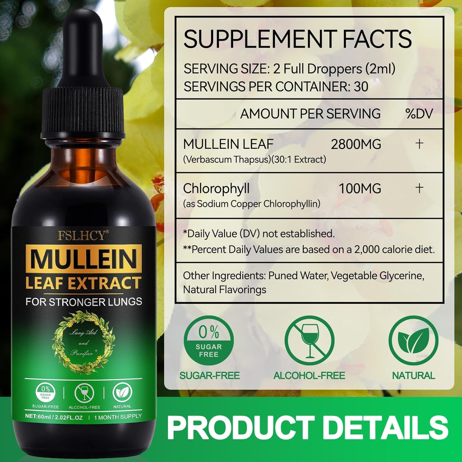 Mullein Drops for Lungs 60ML Mullein Leaf Extract & Chlorophyll Drops for Lung Cleanse Vegan & Health Supplements Fast Absorption