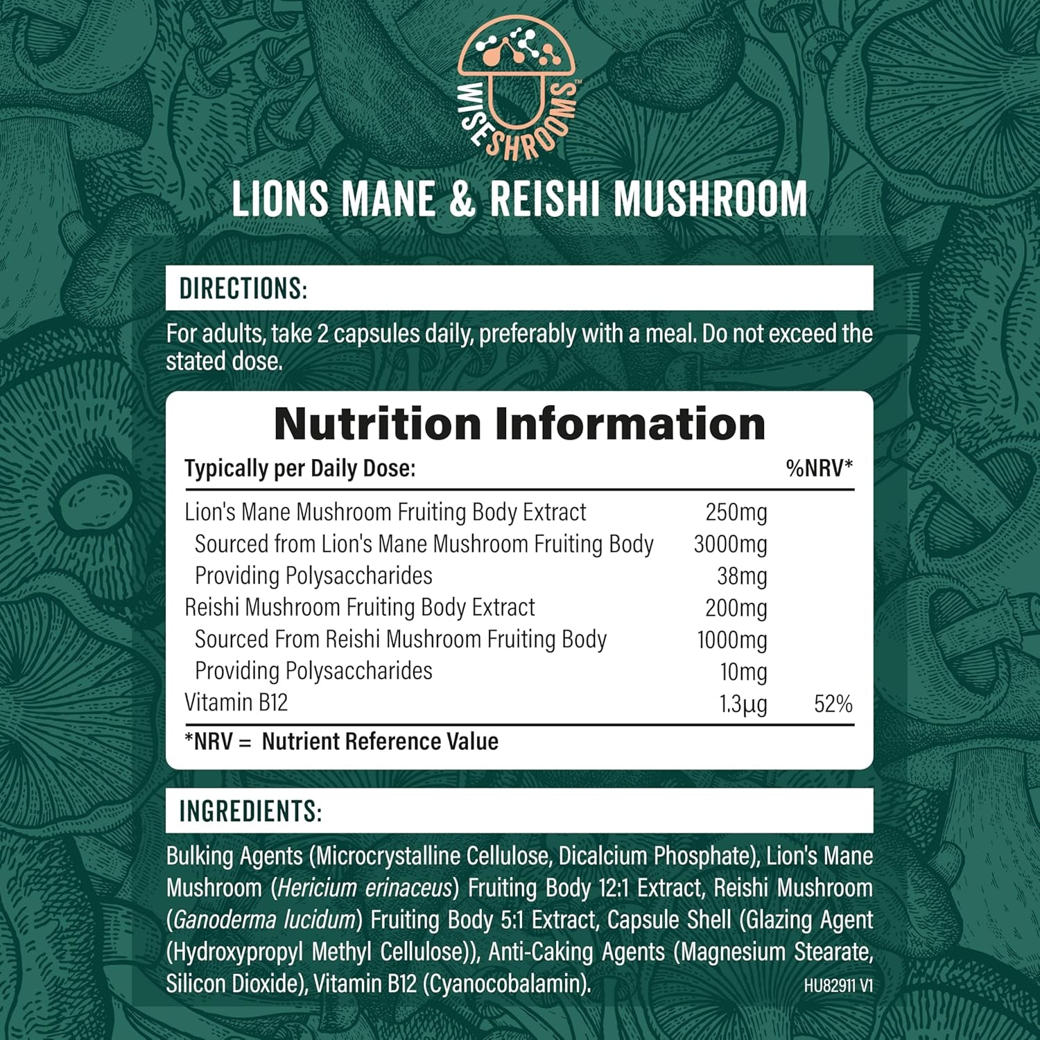 Lions Mane Supplement 4000Mg with Reishi Mushroom | Lions Mane Capsules High Strength | 120 Powder Capsules | Vegan | Wiseshrooms