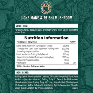 Lions Mane Supplement 4000Mg with Reishi Mushroom | Lions Mane Capsules High Strength | 120 Powder Capsules | Vegan | Wiseshrooms