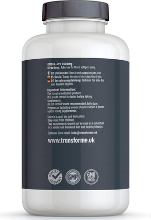 Transforme Omega 3 6 9 Fish Oil 1000Mg 365 Capsules, Fish Oil, Flaxseed Oil & Sunflower Seed Oils, EPA, DHA, ALA, LA, Oleic Acid, 3 Softgel 3000Mg Serving, Gluten Free, UK Made
