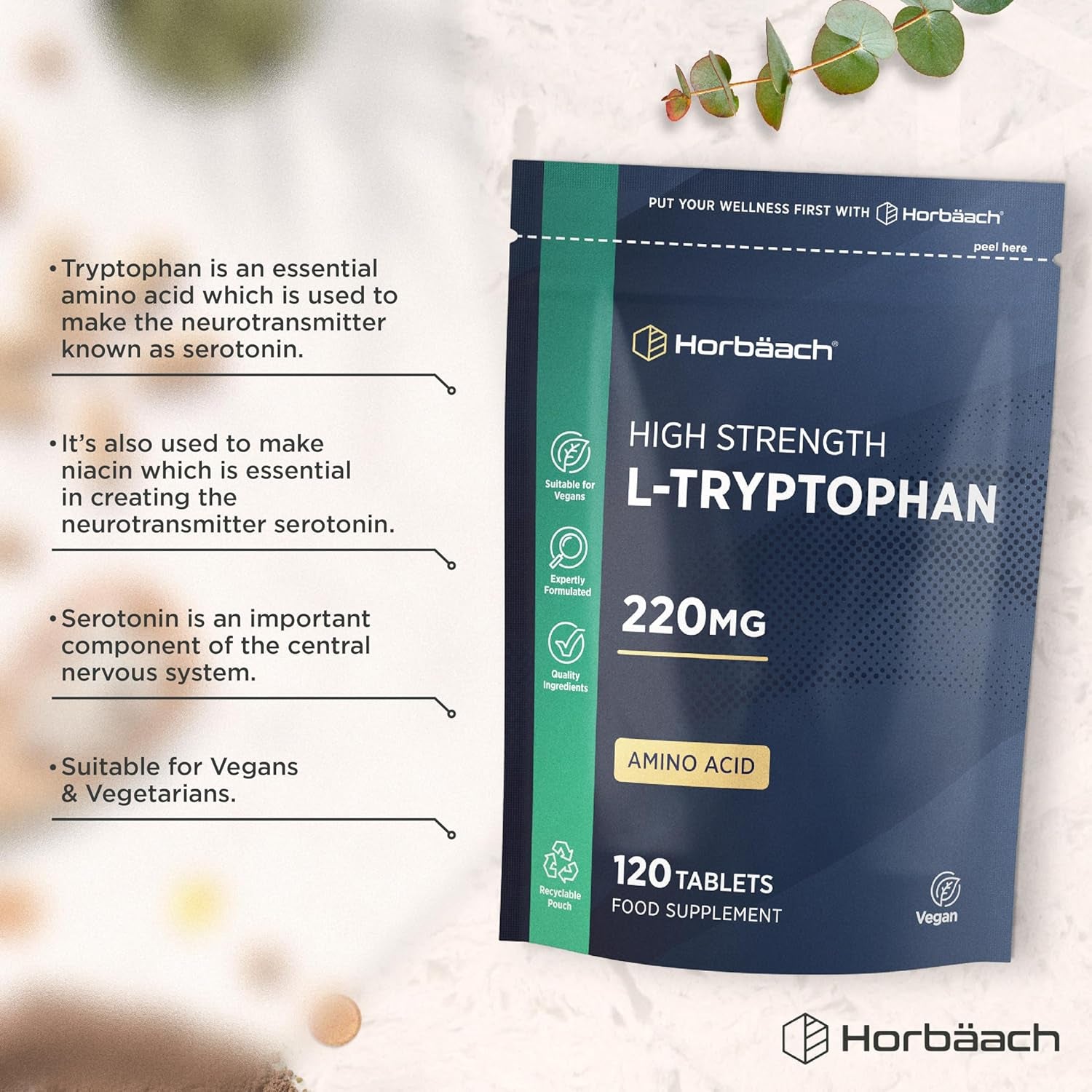 L-Tryptophan 220Mg | 120 Vegan Tablets | High Strength Amino Acid | Suitable for Vegetarians and Vegans | by Horbaach