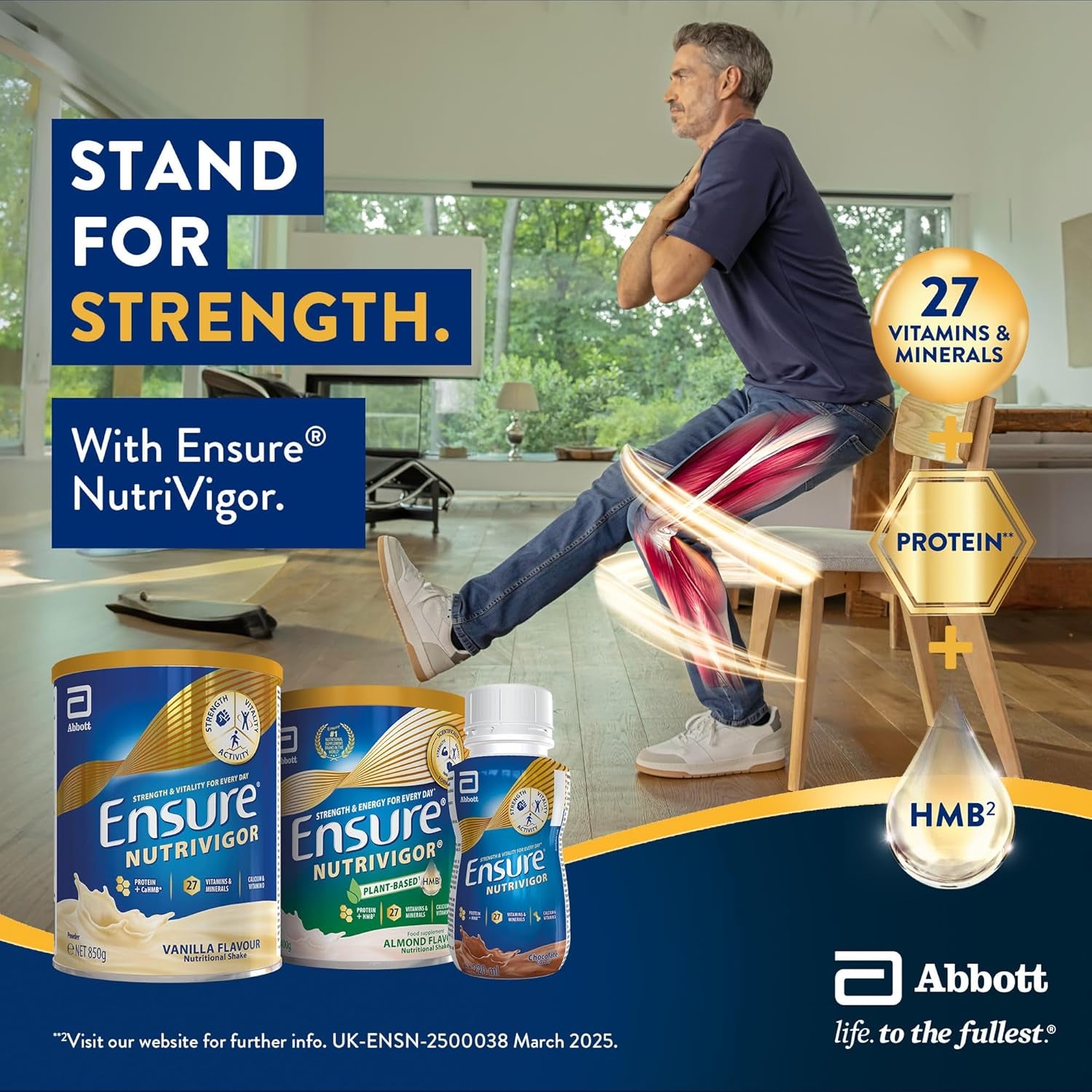 Ensure Nutrivigor Nutritional Shake – Vanilla Flavour – 850G – Food Supplement with Protein, HMB & 27 Vitamins & Minerals – Supports Strength, Energy & Immunity – with Vitamin D, C & B