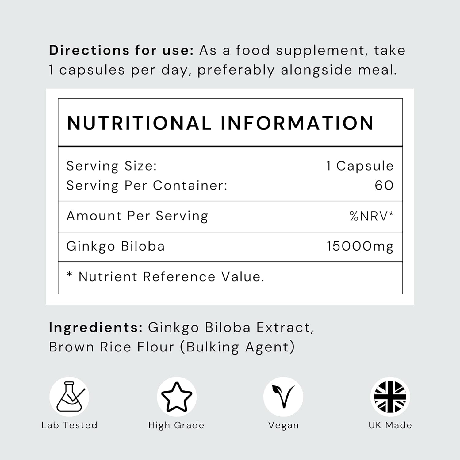 Ginkgo Biloba Capsules 15,000Mg - 60 Capsules (2 Months Supply) - Standardised Leaf Extract - High Strength, Vegan, Lab Tested & Gluten Free - Made in the UK