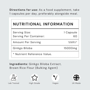 Ginkgo Biloba Capsules 15,000Mg - 60 Capsules (2 Months Supply) - Standardised Leaf Extract - High Strength, Vegan, Lab Tested & Gluten Free - Made in the UK