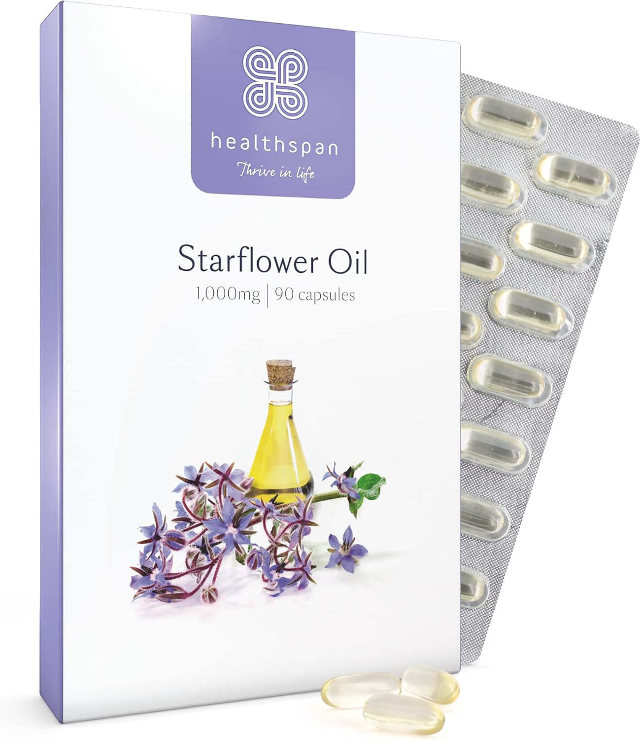 Starflower Oil 1,000Mg (90 Capsules) | Healthspan | Richest Source of Gamma-Linolenic Acid (GLA) | Women'S Health | 207Mg GLA & 131Mg Omega 9 Fatty Acids per Capsule | Vegan
