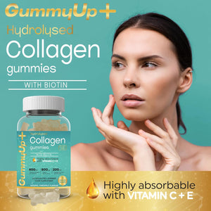 Hydrolysed Collagen Gummies with Biotin + Oral Hyaluronic Acid | Highly Absorbable with Vitamin C+E | 60 Sugar Free Natural Pineapple Flavoured Gummies