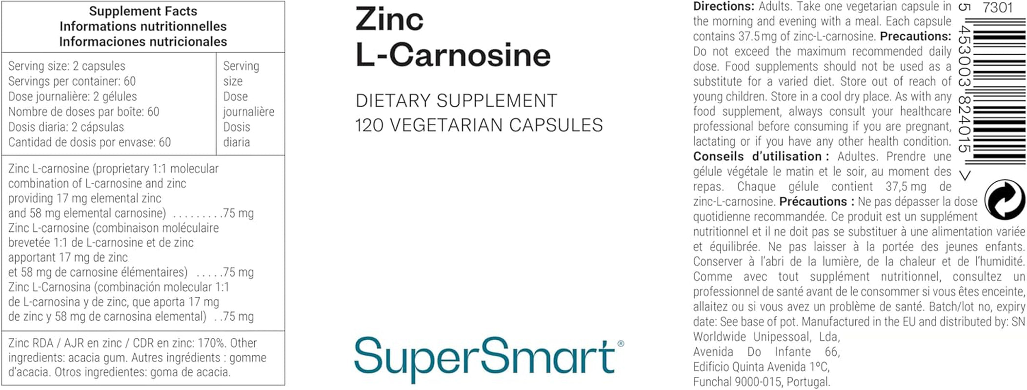 Supersmart - Zinc L-Carnosine - Gut Health & anti Inflammatory Supplement - Help Reduce Acid Reflux | Non-Gmo & Gluten Free - 90 Vegetarian Capsules