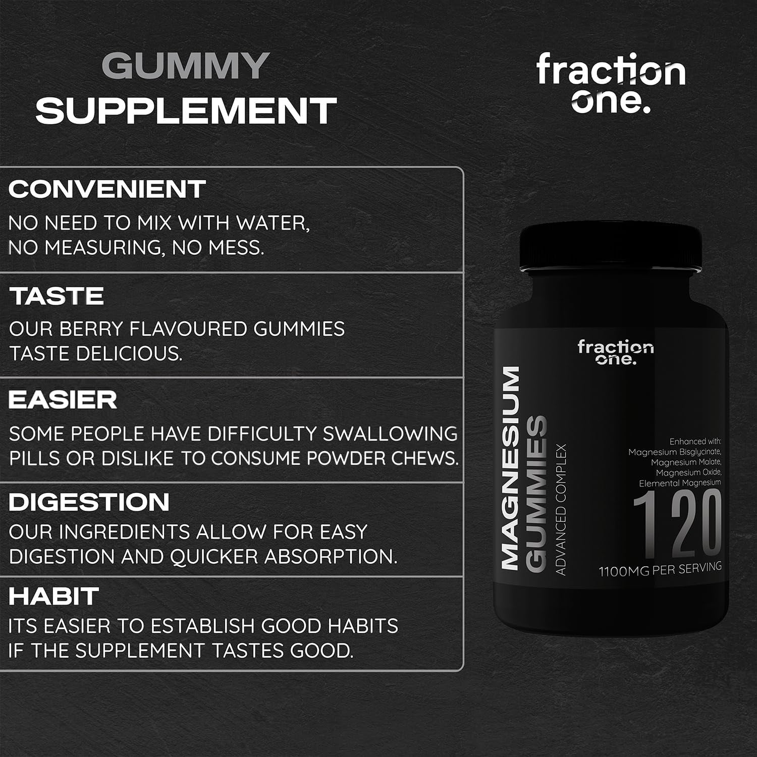 Fraction One Magnesium Gummies - 120 Gummies - 60 Servings - 1100 Mg per Serving - Magnesium Citrate 1400Mg - Glycinate 250Mg - Malate 200Mg - Oxide 150Mg - Elemental Mg