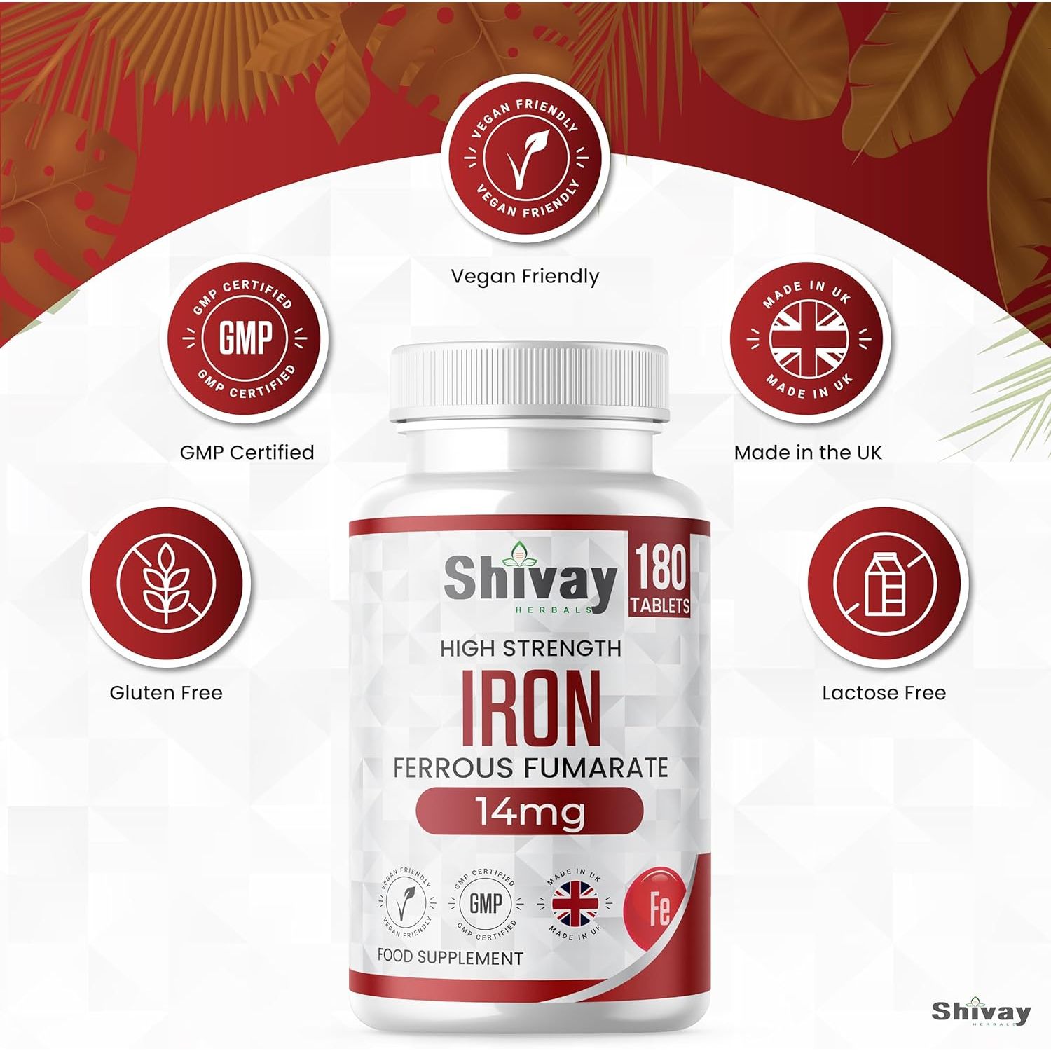 Iron 14Mg Tablets | 180 Vegan Tablets - 6 Month Supply | High Strength Ferrous Fumarate Supplement | for Tiredness & Fatigue | Made in the UK by Shivay Herbals