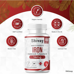Iron 14Mg Tablets | 180 Vegan Tablets - 6 Month Supply | High Strength Ferrous Fumarate Supplement | for Tiredness & Fatigue | Made in the UK by Shivay Herbals
