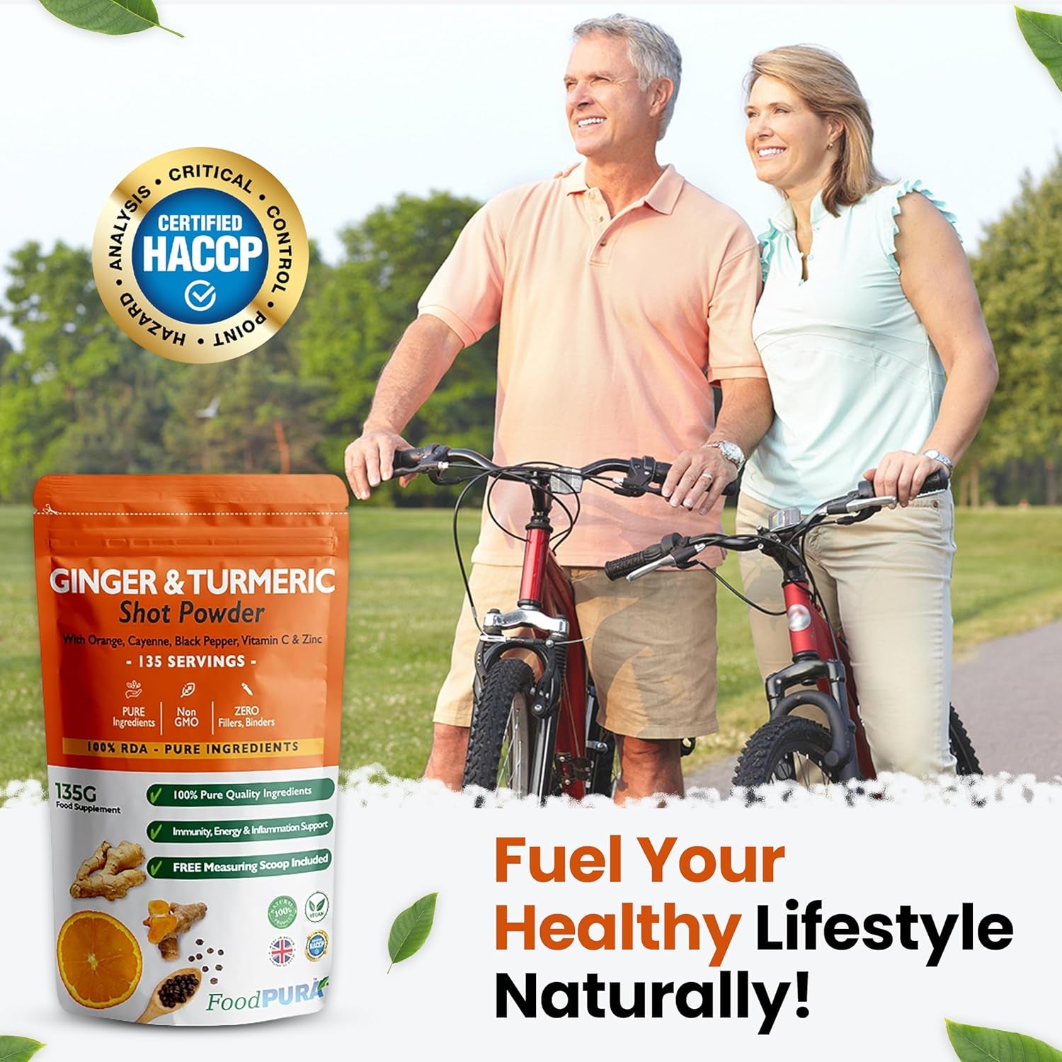 Foodpura 135G Ginger & Turmeric Shot Drink Powder 135 Servings with Orange Cayenne Black Pepper Vitamin C & Zinc 100% RDA Natural Supplement No Added Sugar Immunity Energy & Inflammation Support