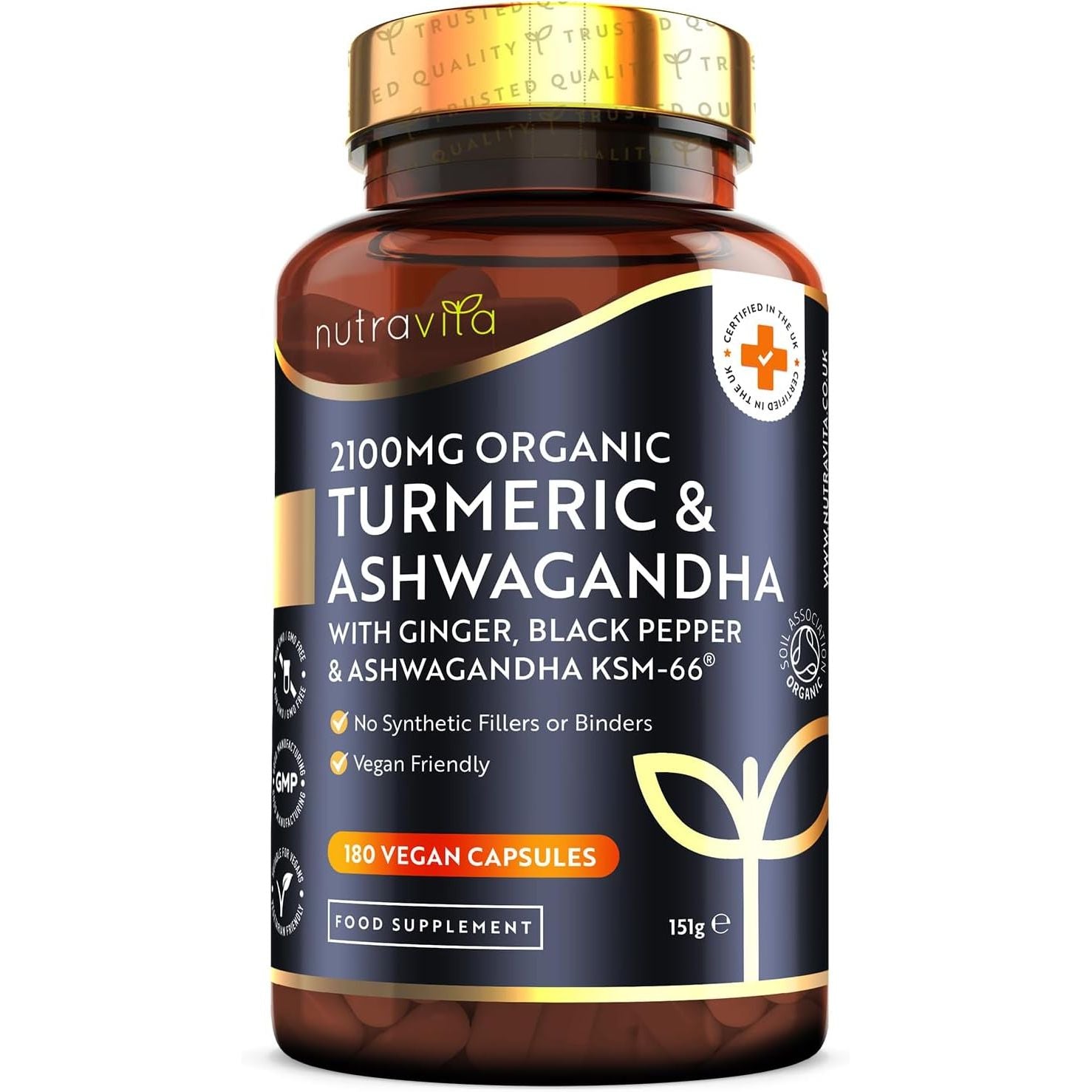 Nutravita Turmeric & Ashwagandha KSM-66 ® - 180 High Strength Capsules with Ginger & Black Pepper - Organic Tumeric & Ashwagandha Supplement - Vegan & Gluten Free - UK Made