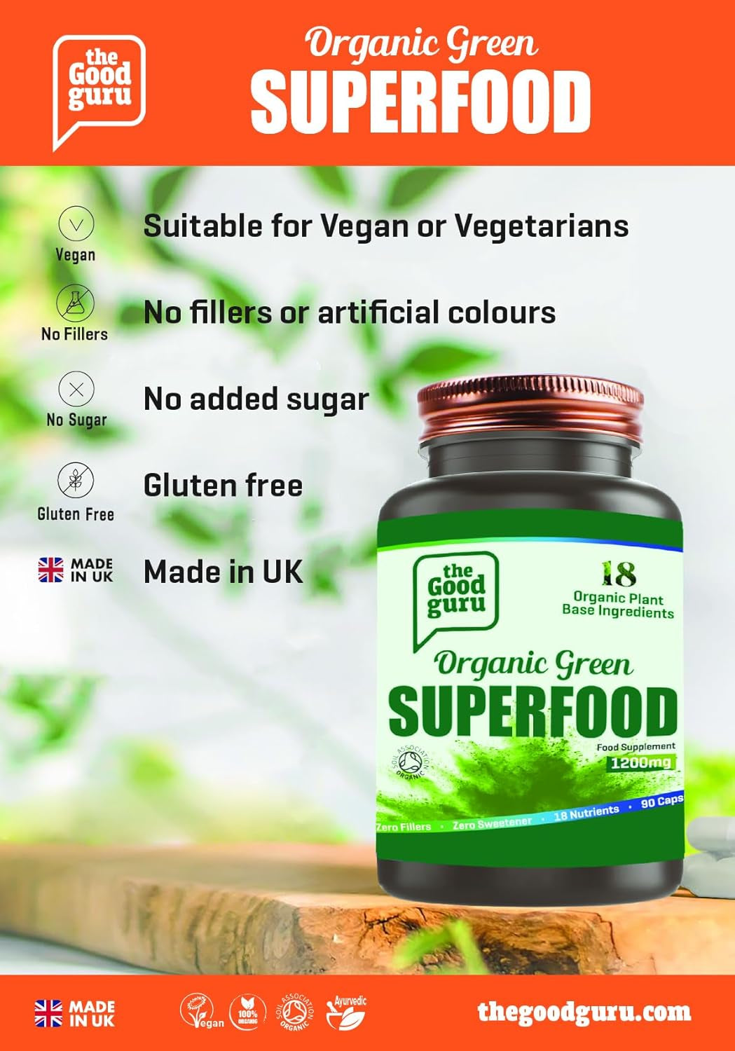 The Good Guru Organic Green Superfood Supplement Capsules - 90 Capsules with 18 Nutritious Ingredients