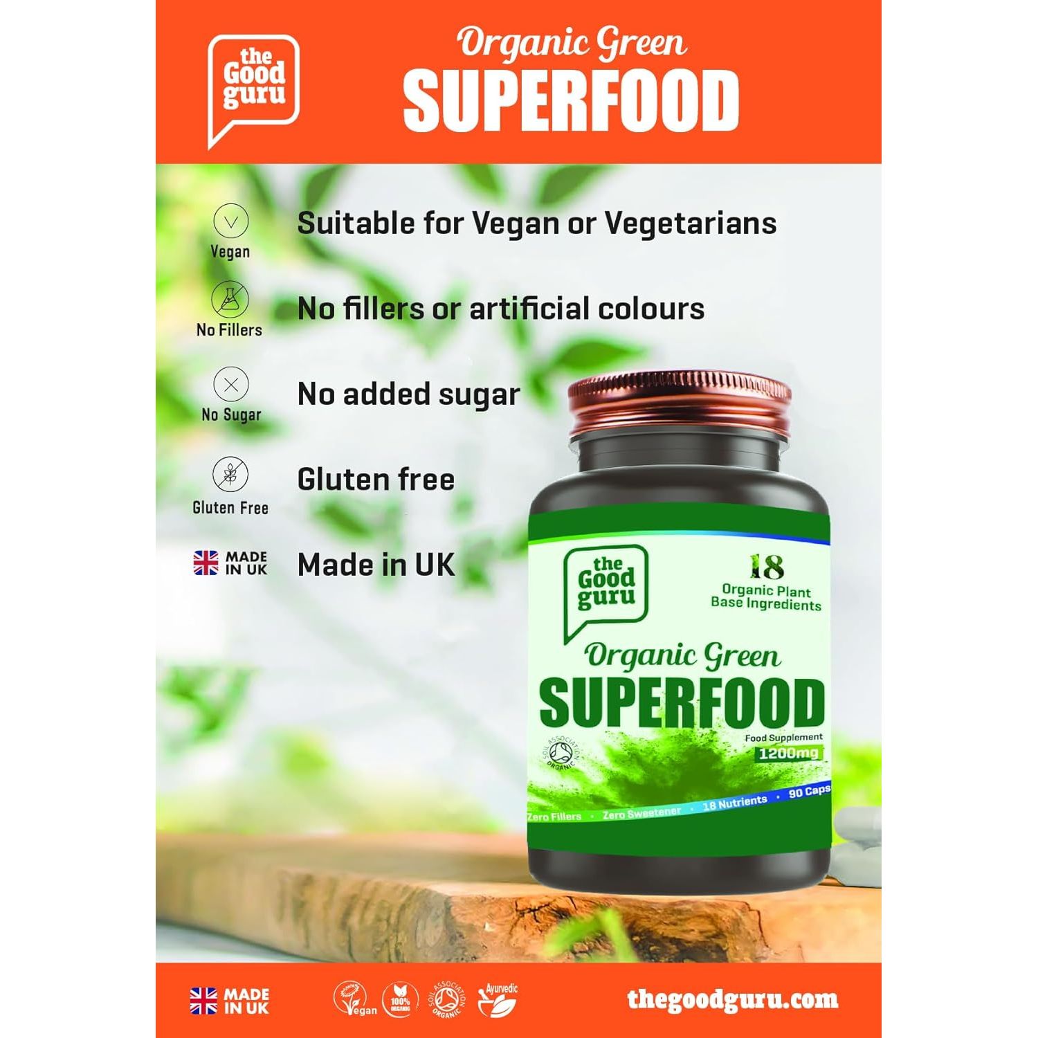 The Good Guru Organic Green Superfood Supplement Capsules - 90 Capsules with 18 Nutritious Ingredients