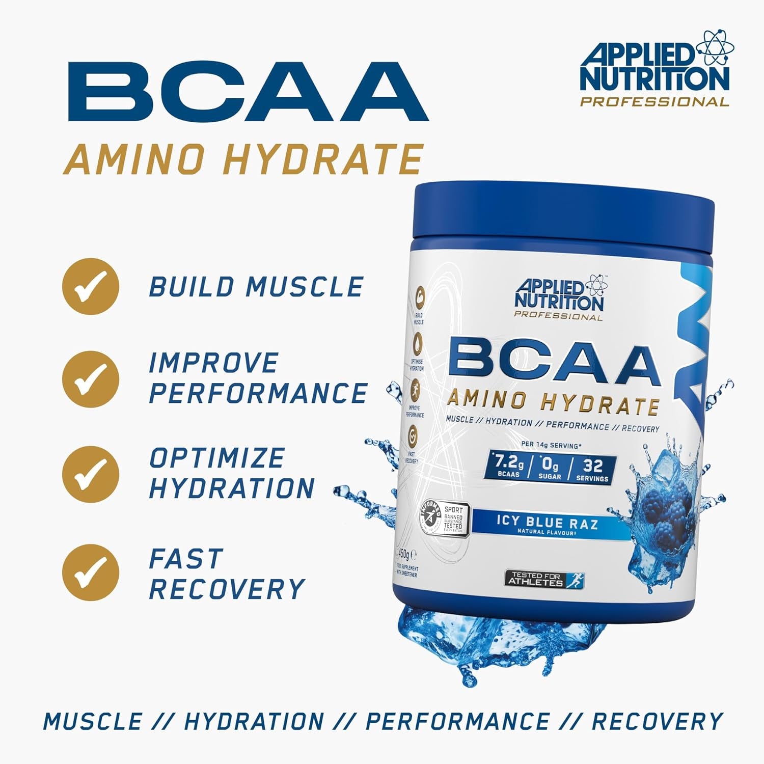 Applied Nutrition BCAA Powder - Branched Chain Amino Acids Bcaas Supplement, Amino Hydrate Intra Workout & Recovery Energy Drink (450G - 32 Servings) (ICY Blue Raz)