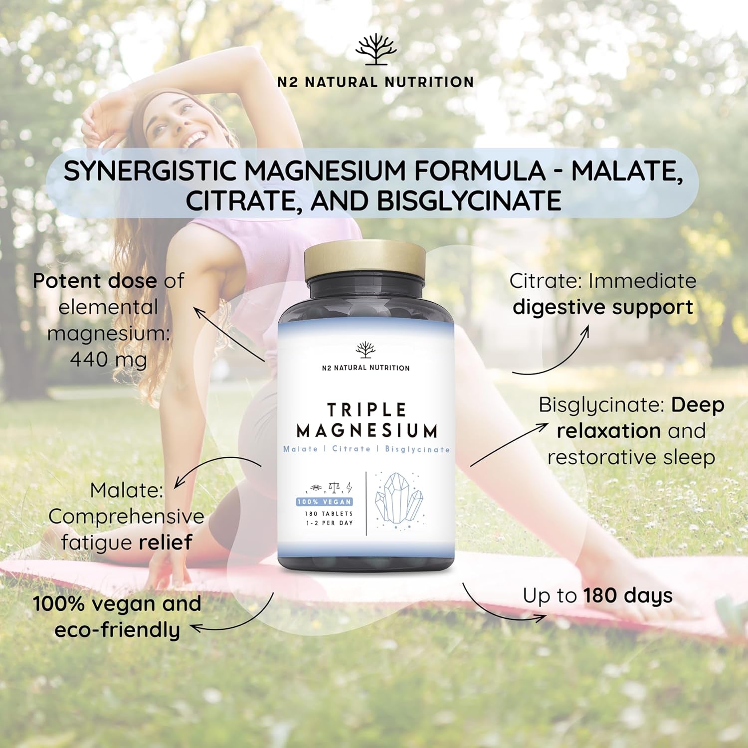 Triple Magnesium Glycinate 3-In-1 (6 Months) 2640 Mg Magnesium, Synergistic Complex with Malate, Citrate, Bisglycinate for Sleep, Energy, Muscles and Bones. 180 Tablets. N2 Natural Nutrition