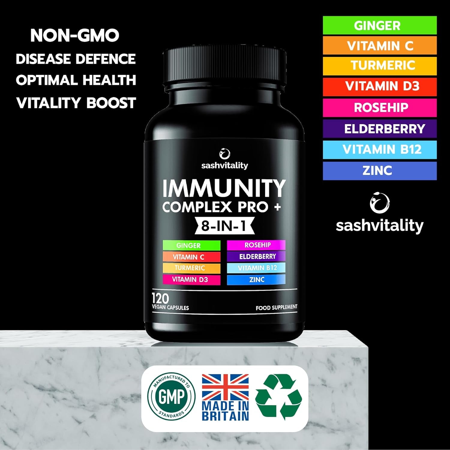 Immune Booster – Immune System Support Supplement with Vitamin D3-120 Capsules - Zinc, Elderberry, Iron, B12, C, Turmeric, Selenium, Garlic, Probiotics & More – Vegan Multivitamin Complex