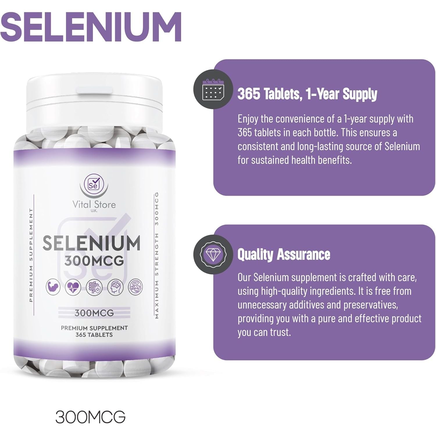 Selenium 300MCG - 1 Year Supply 365 Tablets - Antioxidant, Immune Support Vegan Selenium Supplement