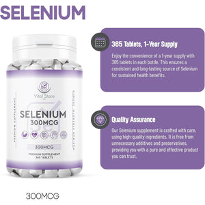 Selenium 300MCG - 1 Year Supply 365 Tablets - Antioxidant, Immune Support Vegan Selenium Supplement