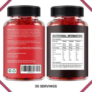 Creatine Monohydrate Gummies 5000Mg with 1000Mg Bcaas | Vegan & Sugar Free | 90 Premium Gummies | Mixed Berry Flavour | Health Candy Supplement