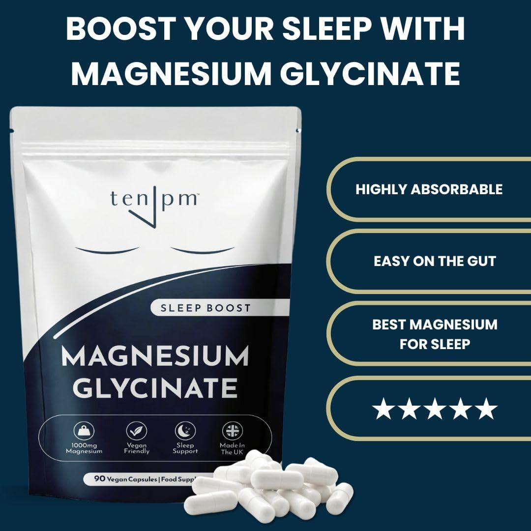 Magnesium Glycinate (Sleep Boost)- High Strength: 1000Mg (100Mg Elemental Magnesium) per Capsule. Vegan Capsule Gentle on the Stomach, Highly Absorbent, UK Made