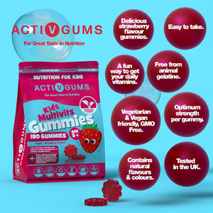 Kids Multi Vitamins 180 Vegan Gummies | Strawberry Flavour | Pouch with 9 Essential Vitamins A, D, E, C, B3, B6, B12, B5 & Iodine | Resealable & Recyclable | Suitable for Kids Age 5+ by Activgums®