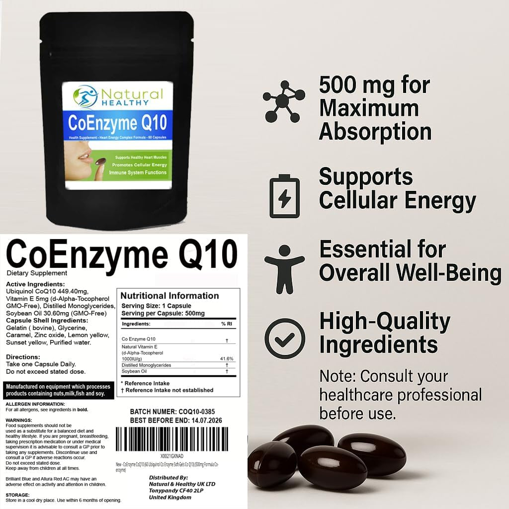 Coenzyme Q10 60 Soft-Gels - Coq10 500Mg Co Enzyme Complex with Vitamin E