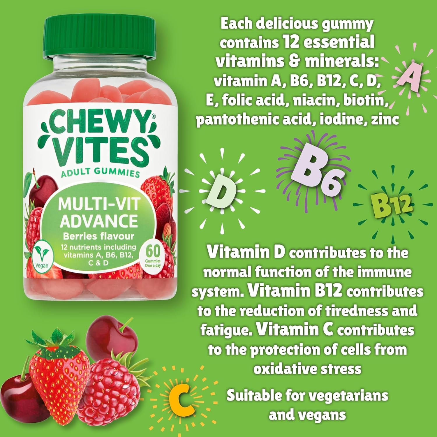 Chewy Vites Adult Multivitamin Advance, 60 Multivitamin Gummies, 12 Essential Nutrients, 2 Months Supply, Real Fruit Juice, Vegan, Berries Flavour