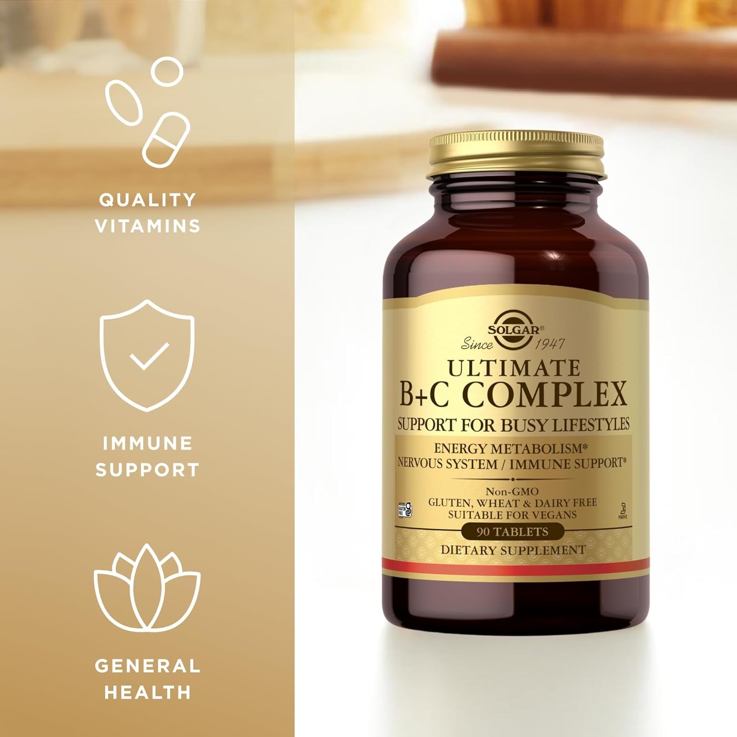 Solgar Ultimate B plus C Complex Tablets - Pack of 90 - B1, B2, B3, B4, B5, B6, B7, B12, Vitamin C - Multivitamin for Metabolism and Nervous System Support - Vegan, Kosher and Gluten-Free