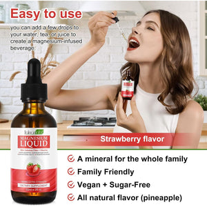 Magnesium Glycinate Liquid Drops,Liquid Complex with Magnesium Glycinate,Taurate,Cellulose Fiber,Bromelain,Vitamin B6,C,D and Zinc, Strawberry Flavor, 2 Fl Oz