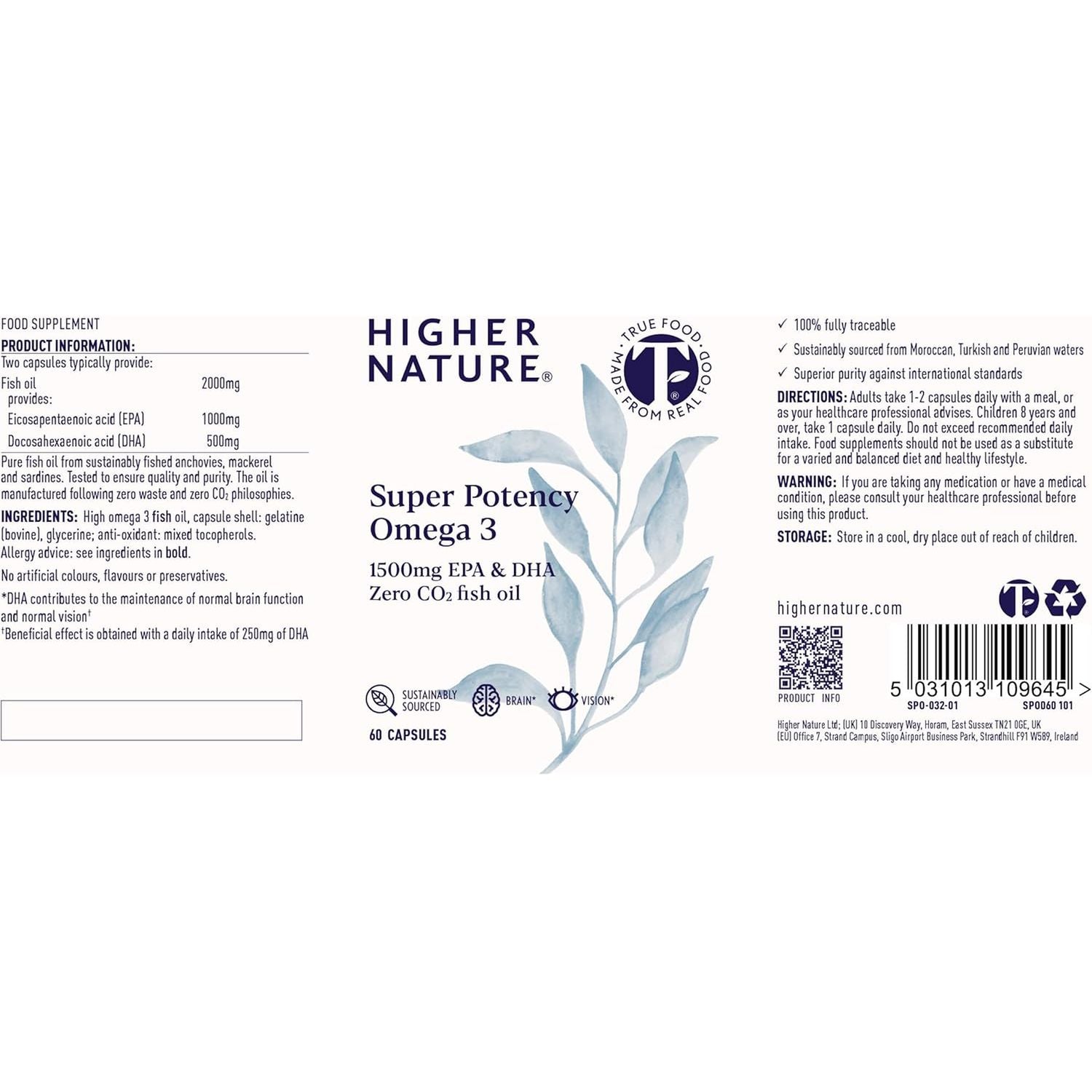 Higher Nature - Omega 3 2000Mg with 1000Mg EPA & 500Mg DHA per Serving - Super Potency Omega 3 True Food® Formula Fish Oil Supplement - Supports Eye, Brain & Heart Health - 60 Capsules