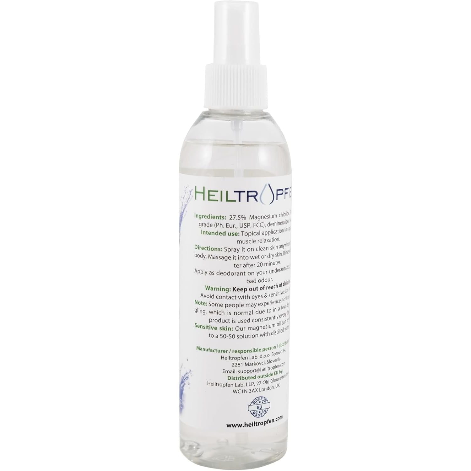 2X Magnesium Oil Spray | Pharmaceutical Grade | High Potent 27.5% Concentration | 2X 8 Fl Oz / 2X 237 Ml, Two Pack/Two Bottles/Two Count | Heiltropfen®