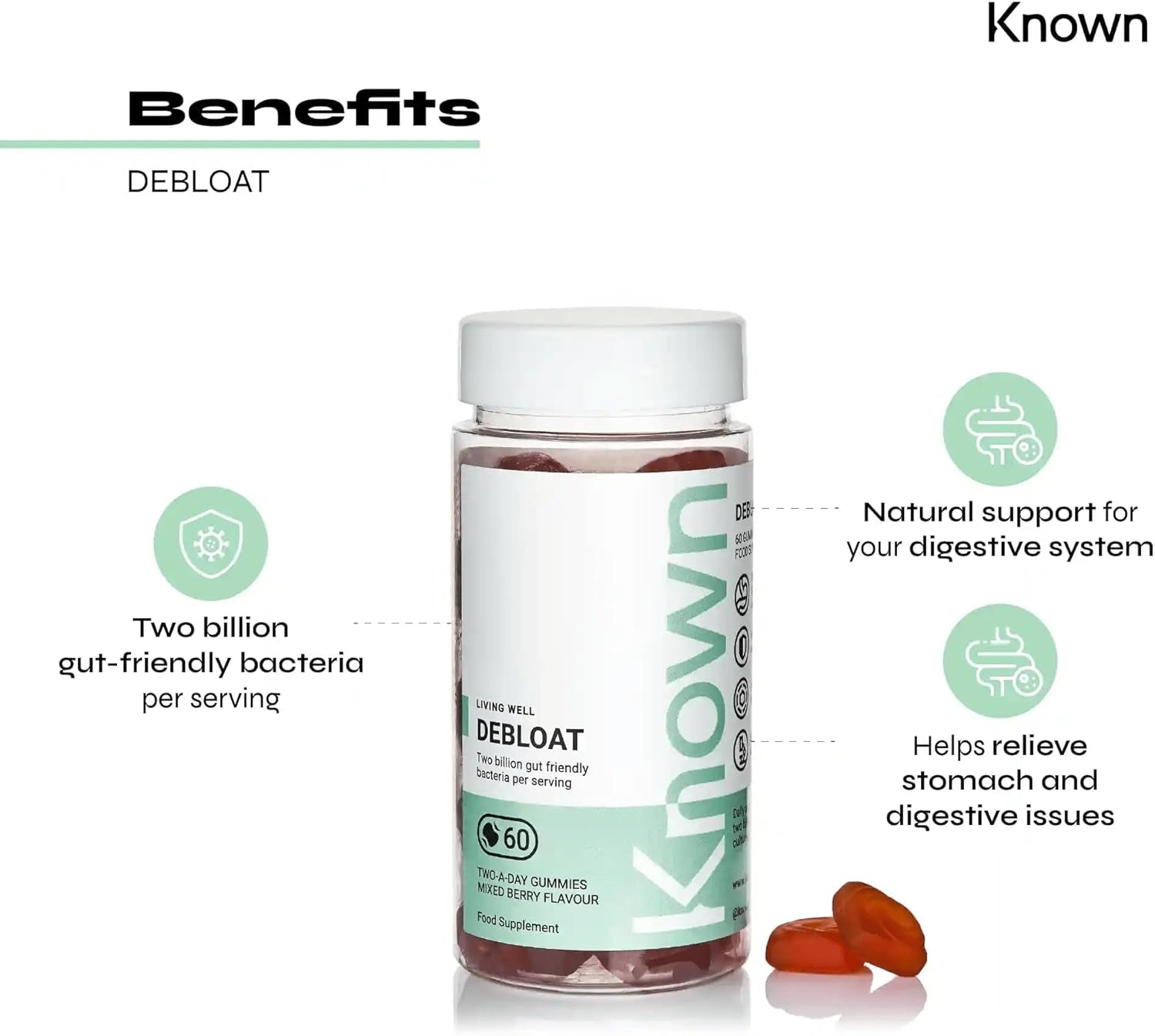 Known Delicious Debloat Gut Support Gummies - 2 Billion CFU Bacillus Coagulans & Vitamin C - Natural Mixed Berry Flavour - 60 Gummies, 1 Month Supply