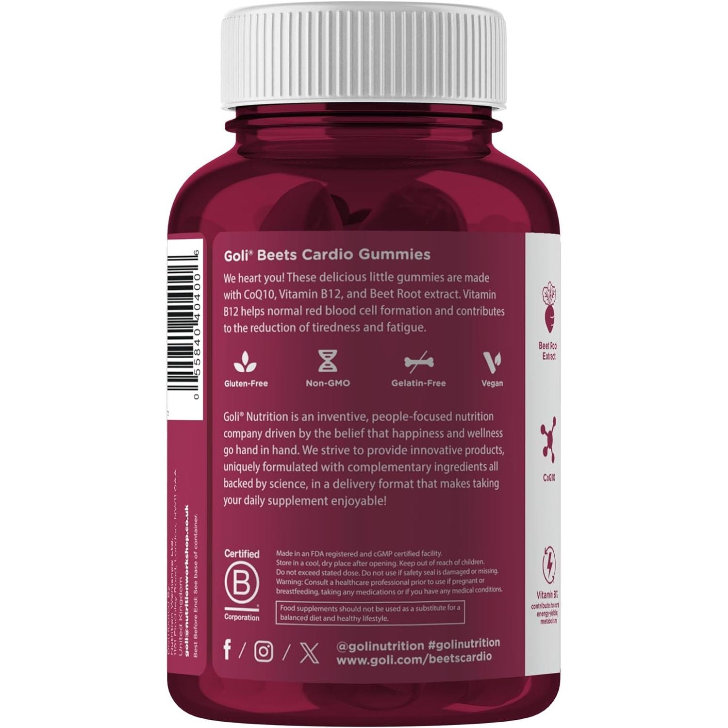 Goli Nutritional Supplement, Beets Cardio Gummy - 60 Count - 100Mg Coq10 & Beet Root Extract - Gluten-Free, Vegan, Non-Gmo, and Gelatin-Free. Nature'S Great Superfood.