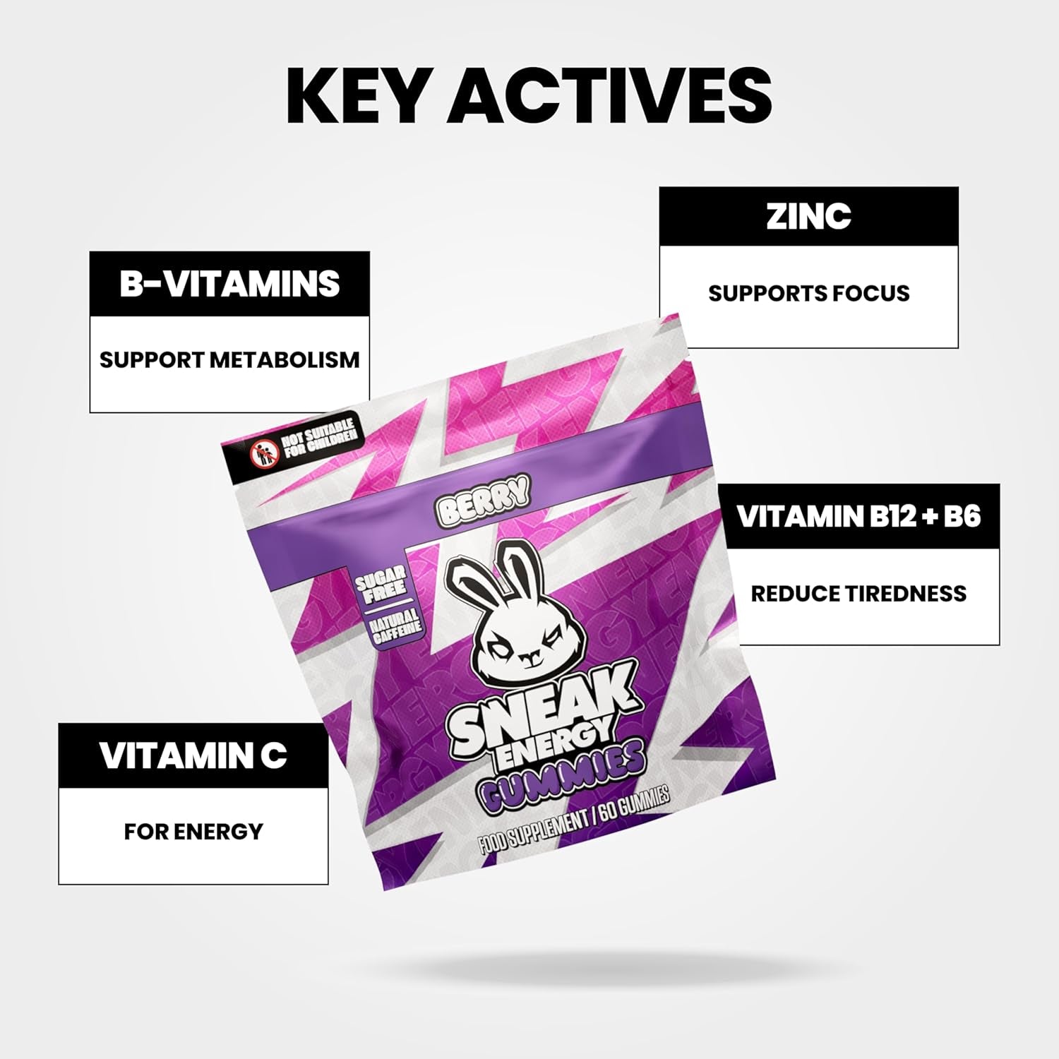 SNEAK Energy Gummies - Berry Flavour | 60 Pack | Sugar Free, with 100Mg Natural Caffeine per Serving | Boost Focus, Energy & Mental Clarity | 9 Vitamins & Minerals