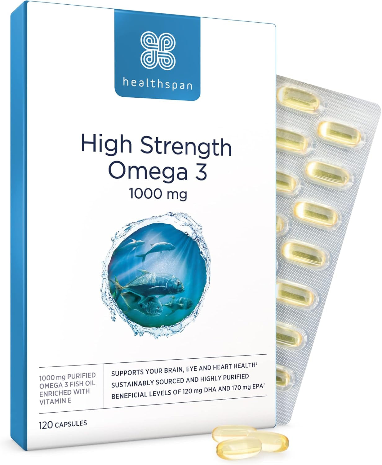 Healthspan High Strength Omega 3 1,000Mg (120 Capsules) | Supports Brain, Eye & Heart Health | 120Mg DHA & 170Mg EPA per Capsule | Highly Purified to Remove Toxins | Sustainably Sourced Fish Oil