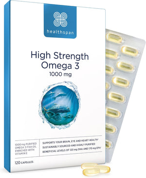 Healthspan High Strength Omega 3 1,000Mg (120 Capsules) | Supports Brain, Eye & Heart Health | 120Mg DHA & 170Mg EPA per Capsule | Highly Purified to Remove Toxins | Sustainably Sourced Fish Oil