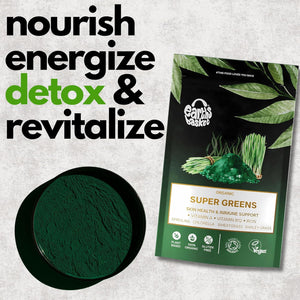 Earths Basket Organic Super Greens Powder - 100G - Blend of Spirulina, Chlorella, Wheatgrass & Barley Grass - Rich in Vitamin A, B12 & Iron