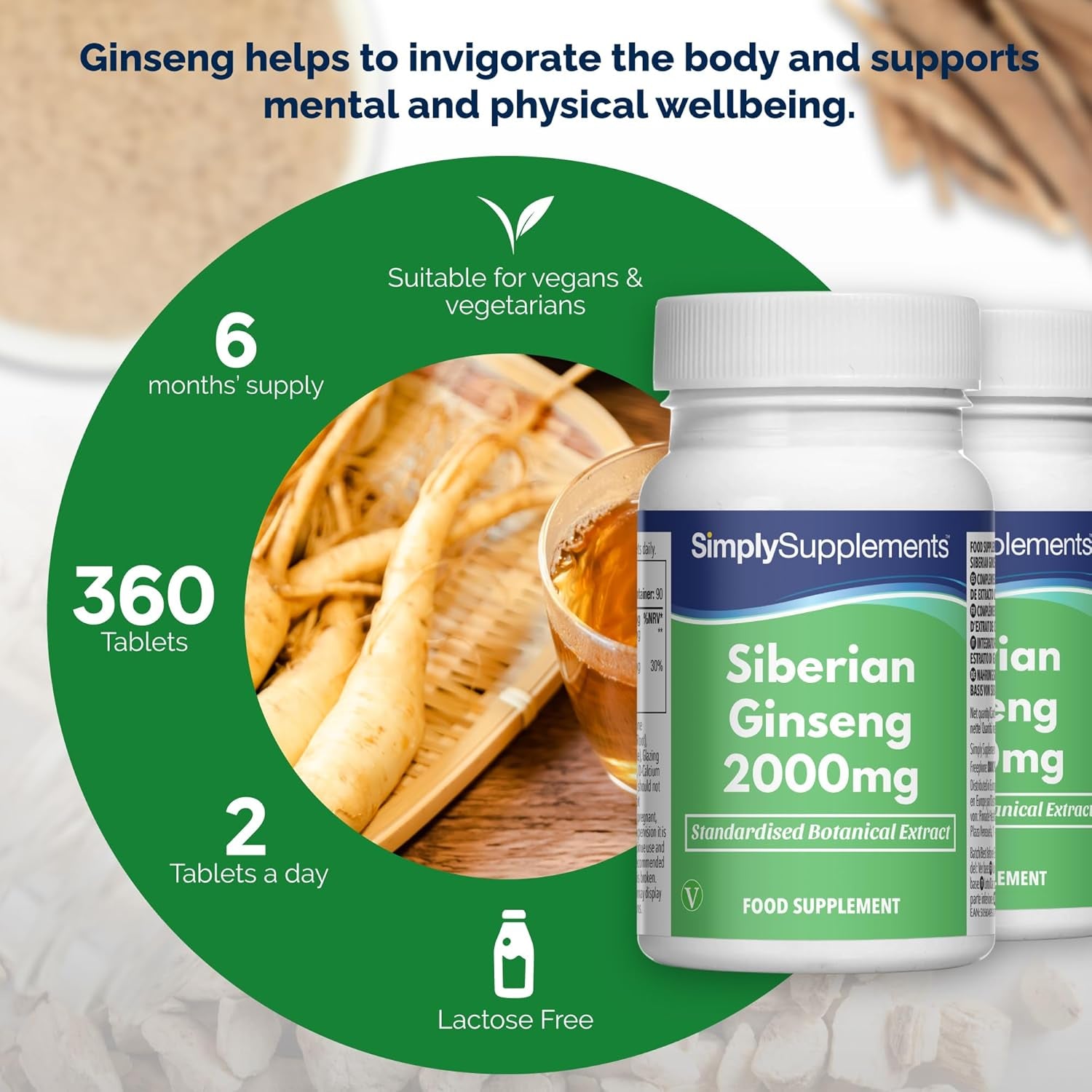 Siberian Ginseng Tablets | Supports Mental Performance & Reduces Fatigue | Suitable for Vegans and Vegetarians | 360 Tablets = 6 Months’ Supply | Made in the UK in Accordance with GMP Standards