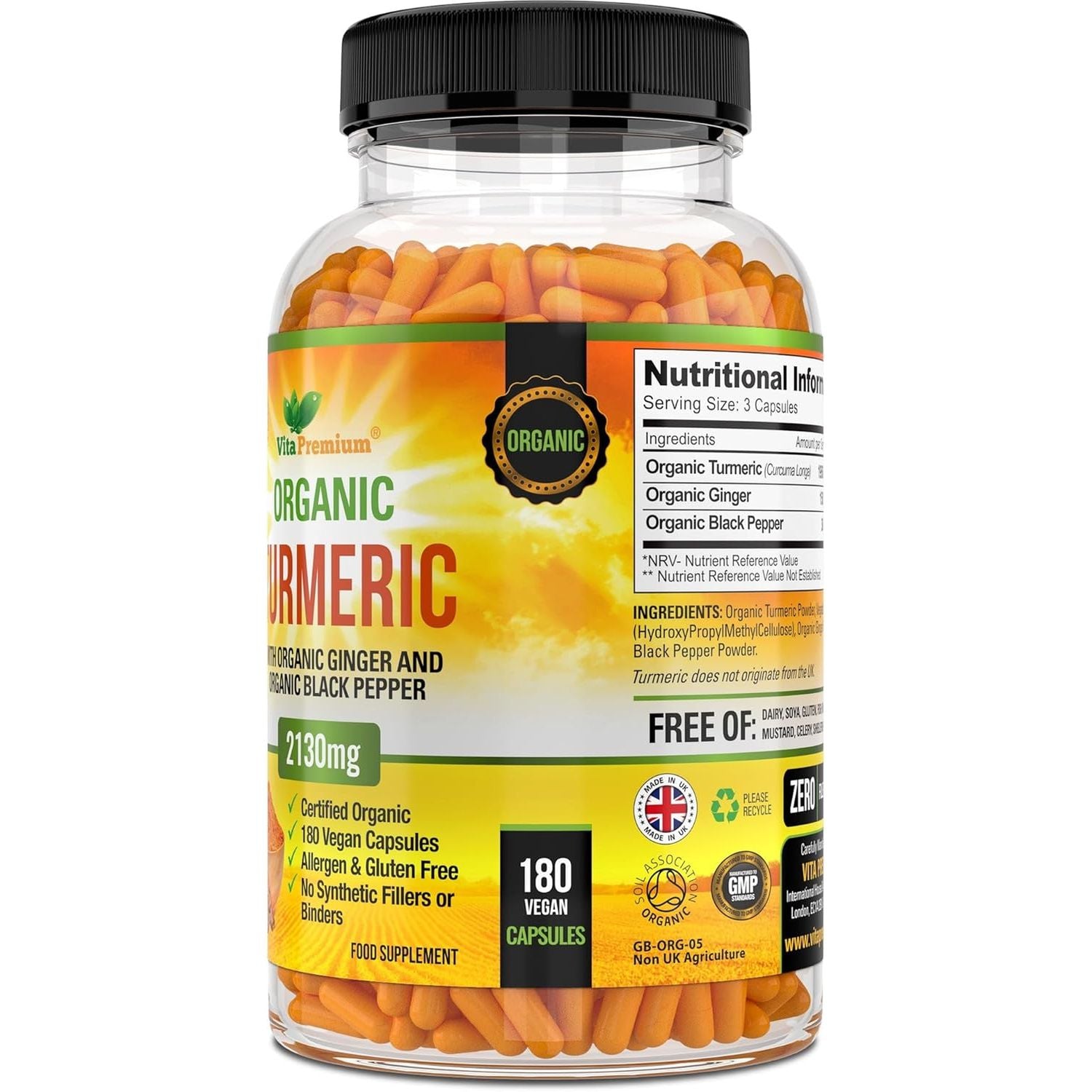 Turmeric and Black Pepper Capsules for Anti-Inflammatory and Joint Pain Relief - 180 Organic Capsules - High Strength Turmeric Curcumin Supplement with Added Black Pepper and Ginger - Made in UK