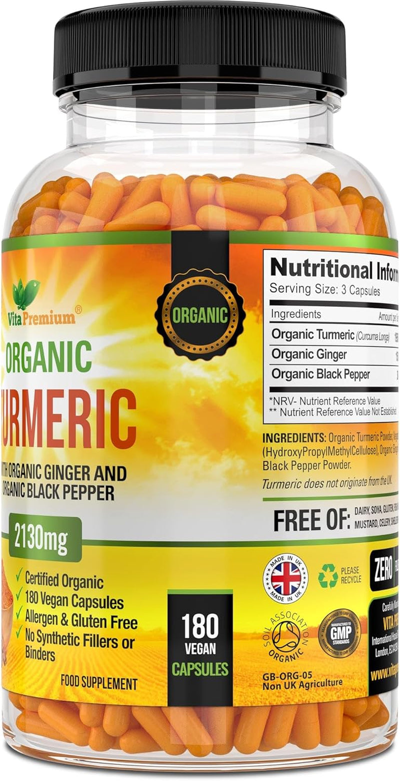 Turmeric and Black Pepper Capsules for Anti-Inflammatory and Joint Pain Relief - 180 Organic Capsules - High Strength Turmeric Curcumin Supplement with Added Black Pepper and Ginger - Made in UK