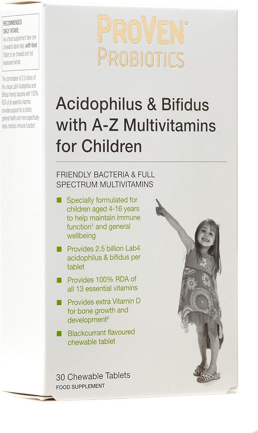 Pro-Ven Probiotics for Children (4-16) A-Z Multivitamins Supplement for Gut Health, Immunity & Energy 2.5 Billion CFU Friendly Bacteria 30 Blackcurrant Chewable Tablets