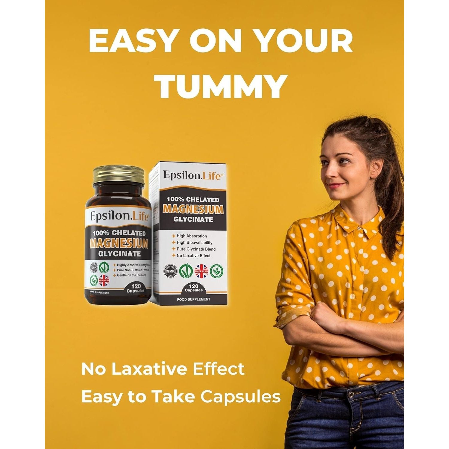 Epsilon Magnesium Glycinate Supplements - Chelated Mg Bisglycinate Supplement - 120 Easy to Take Vegan Capsules - 500Mg Unbuffered Magnesium-Glycinate per Capsule - Uk-Made