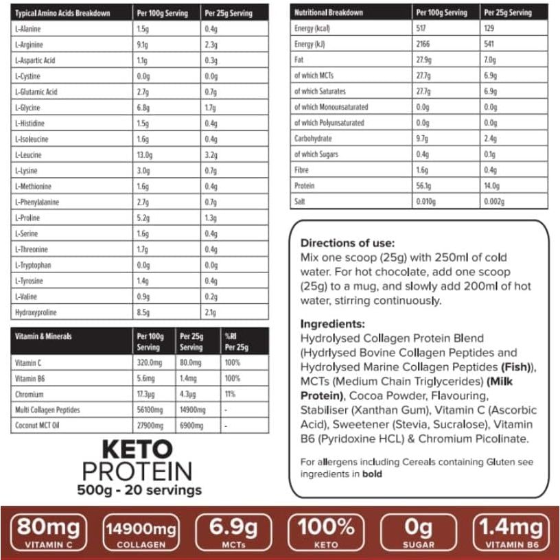 K-GEN™ Keto Collagen Protein Powder Natural Multi Collagen Chocolate Blend, Coconut MCT Vitamin C+B6 | UK Made Advanced Ketosis for Keto & Paleo | Low Carb Free-From: Sugar, Whey & Gluten