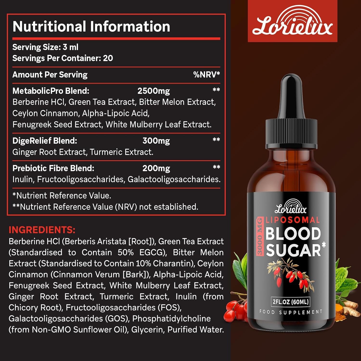 Liposomal Blood Sugar Support Drops - 3000 Mg Advanced Formula for Glucose Support & Metabolic Health - Prebiotic Fibre for Digestive Health – Vegan, Non-Gmo – 60 Ml Liquid Supplement